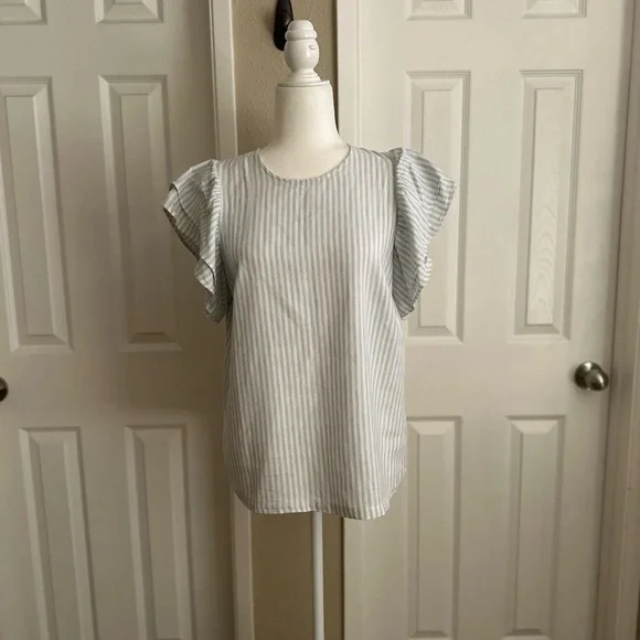 A New Day Stripped Blue/White Ruffled Sleeves Blouse Size: Small - Picture 2 of 7